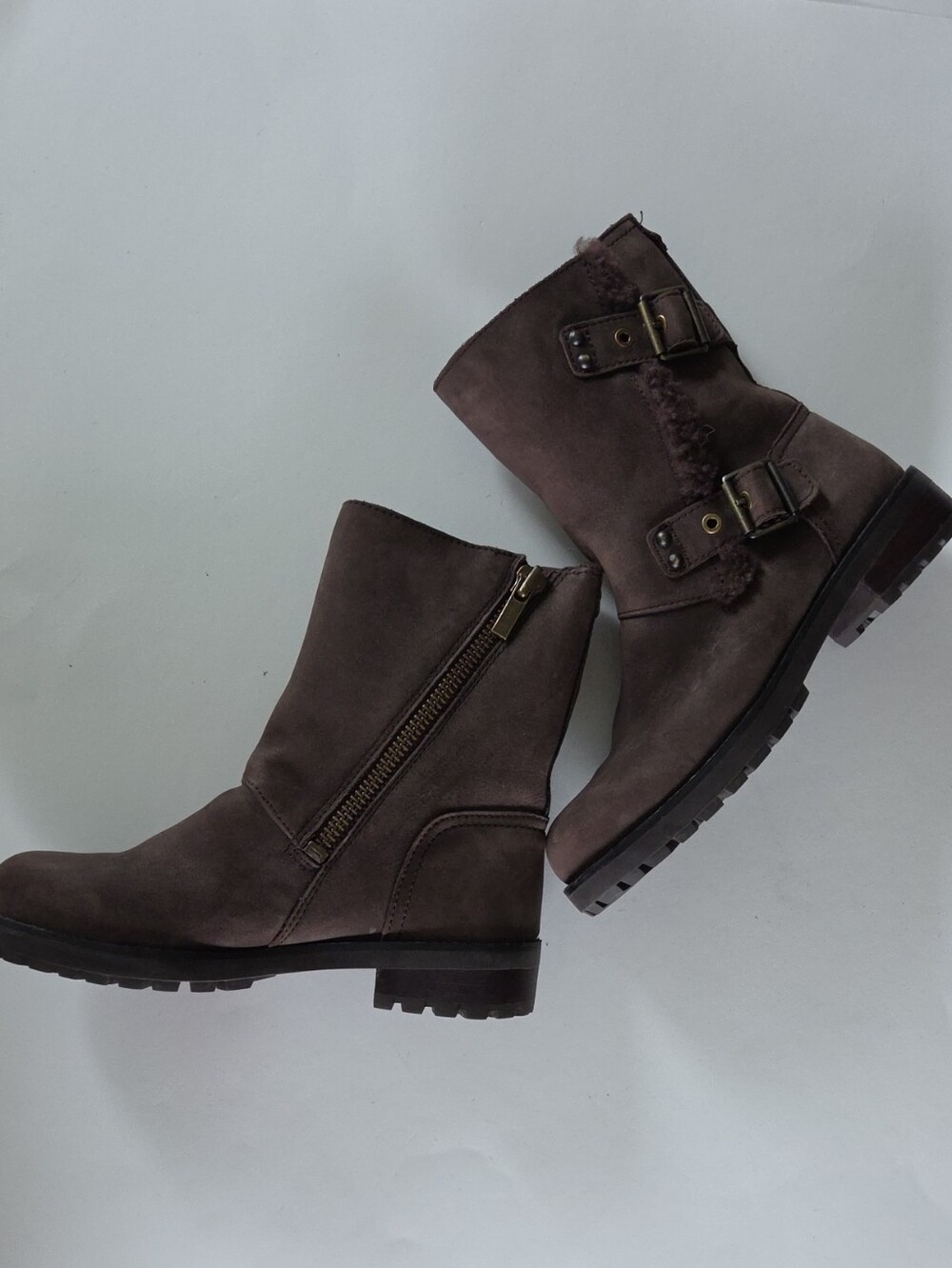 UGG Stout Brown Leather Sheepskin Niels Moto Biker Ankle Boots Glam 6.5 Gothcore